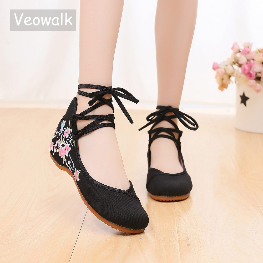 Women'S Shoes Vegan - Veowalk حزام الكاحل المرأة قماش مطرزة