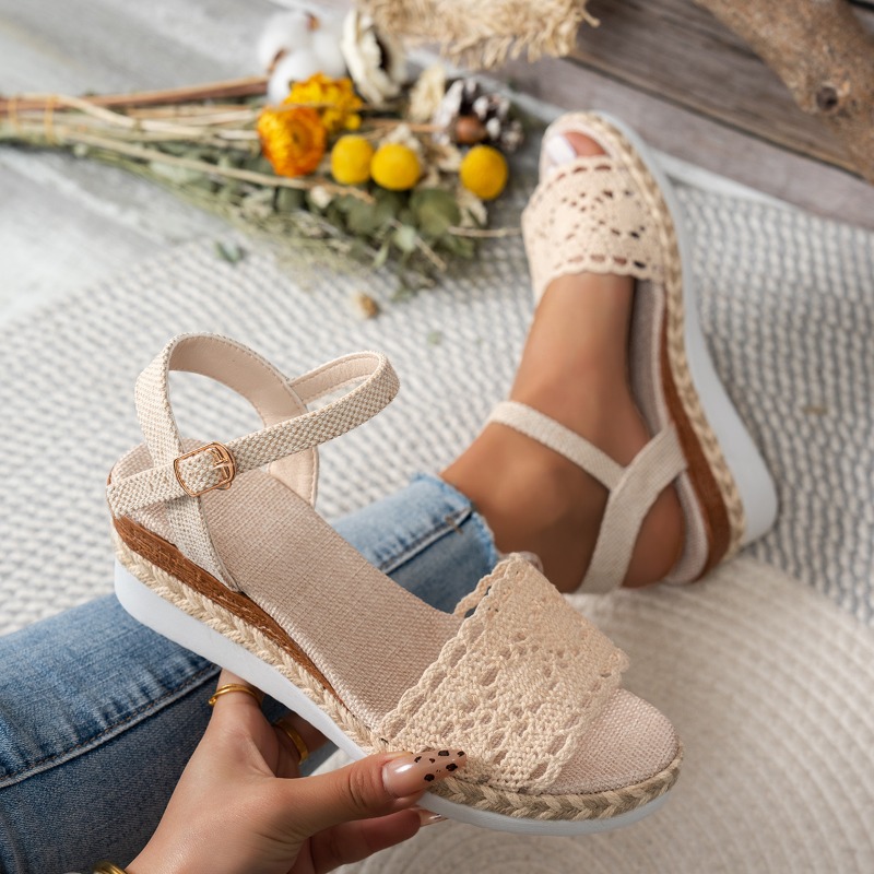 Espadrille Wedge Shoes - صنادل نسائية بكعب ويدج من الدانتيل،