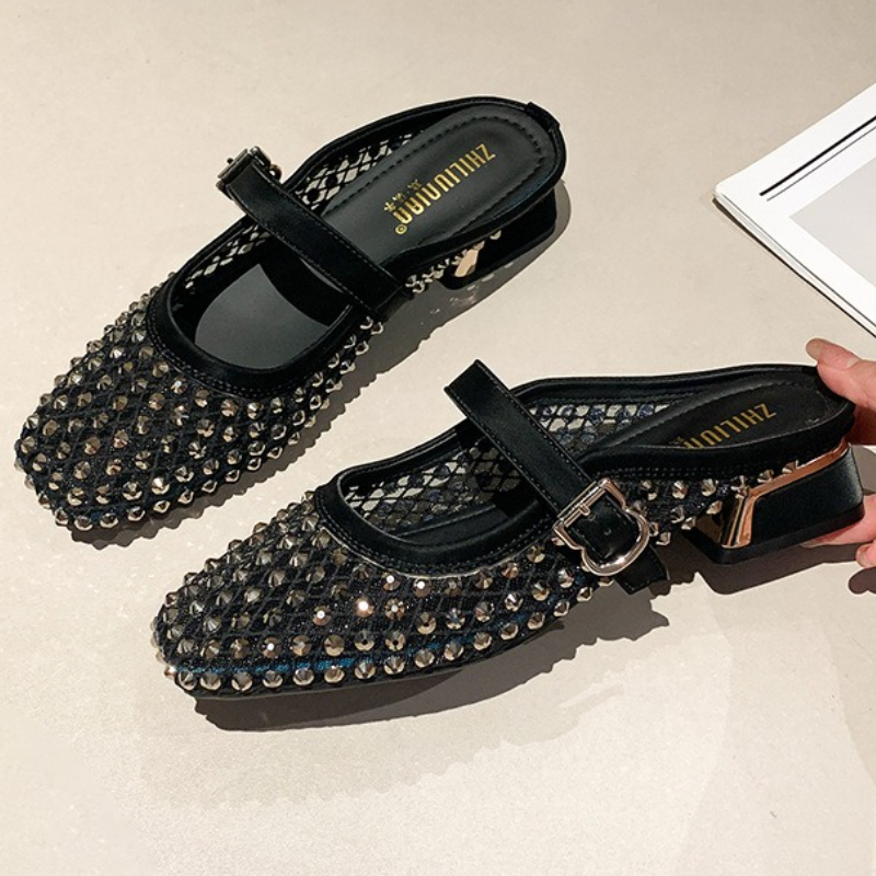 Mule Slip On - شبكة حجر الراين صندل بكعب مكتنز