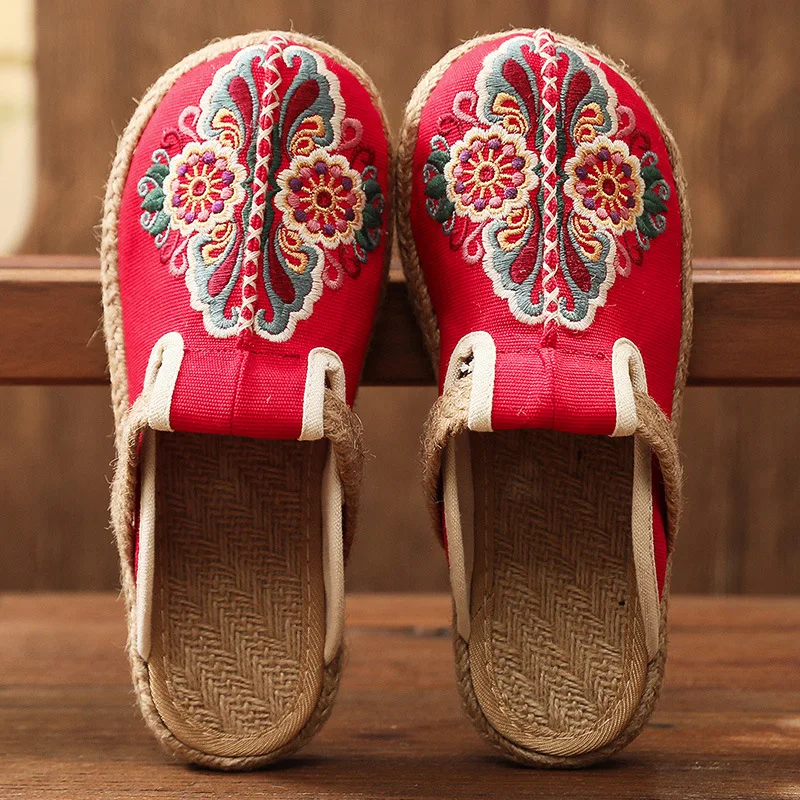 Women'S Shoes Vegan - بغال كاجوال مطرز يدويًا من الكتان