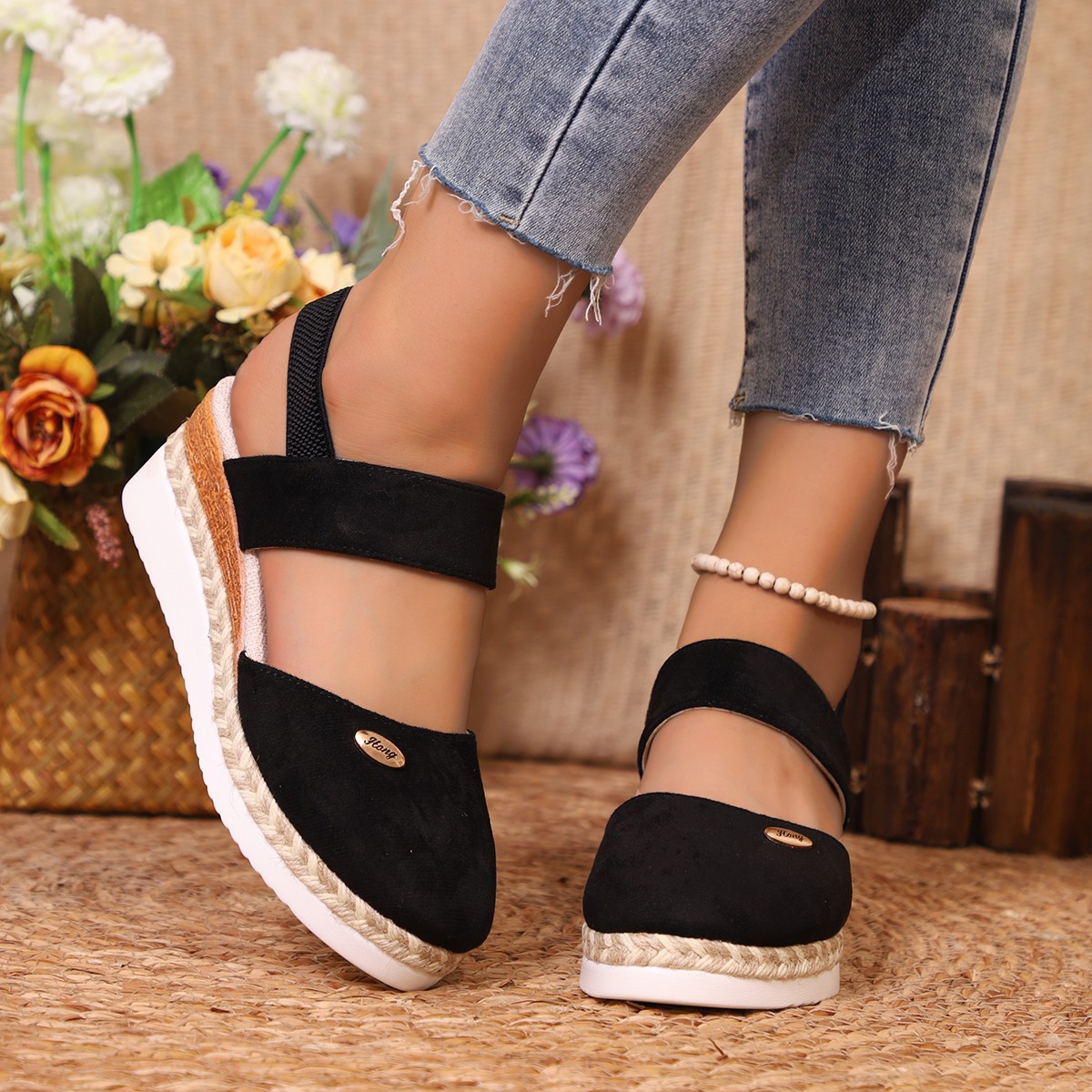 Espadrille Wedge Shoes - النساء مغلق تو صندل خشبي المرأة