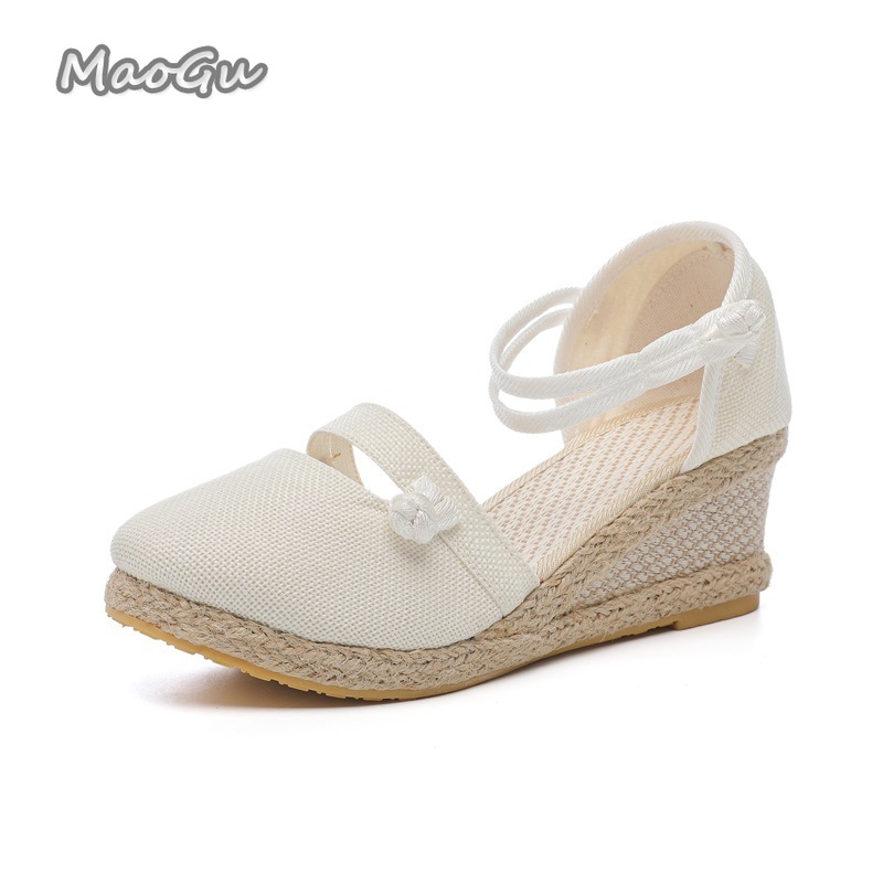 Espadrille Wedge Shoes - صنادل نسائية من الكتان بكعب إسبادريل،