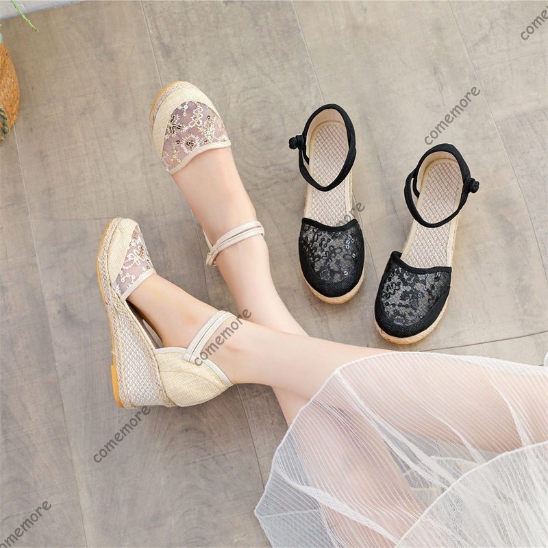 Espadrille Wedge Shoes - صنادل نسائية بكعب إسبادريل من الدانتيل
