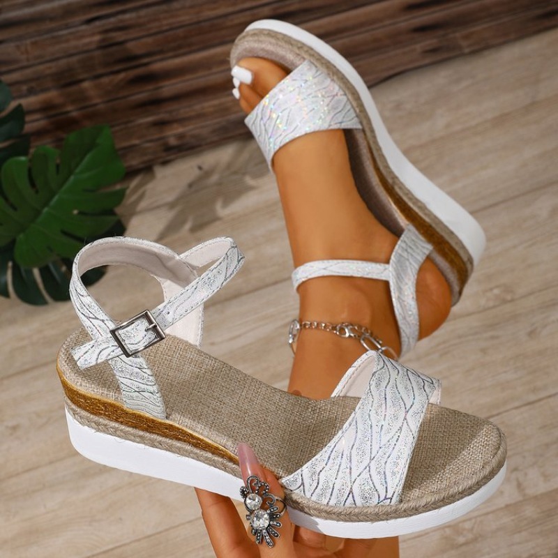 Espadrille Wedge Shoes - صنادل ويدج نسائية بيضاء بكعب بلاتفورم